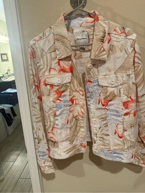 Tommy Bahama Cream Floral Print Cotton Jacket with Coral Accents Size XL
